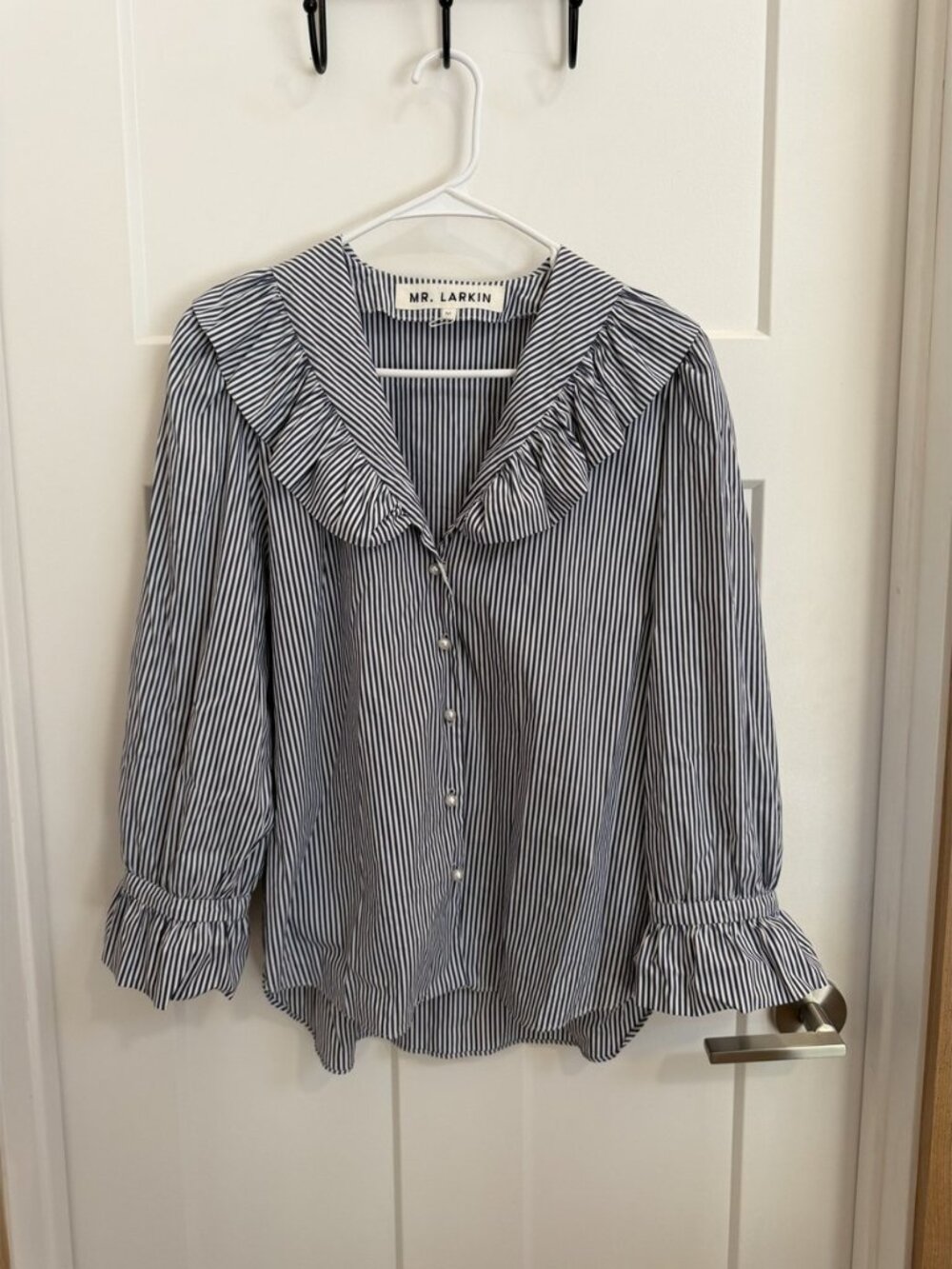 Mr. Larkin Navy Stripe Ruffle Collar Blouse M